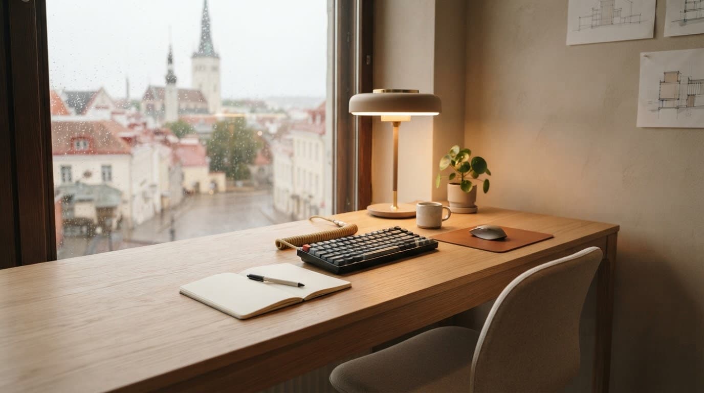 A desk by a window over the old town: a keyboard, a notebook and a lamp