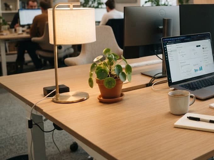 A support desk with a laptop, a lamp and a plant