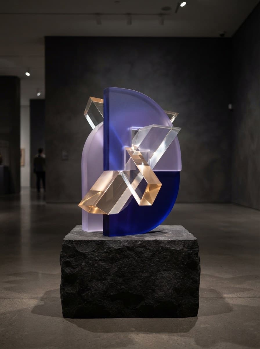 Violet and amber glass blocks on a rough stone base, generated