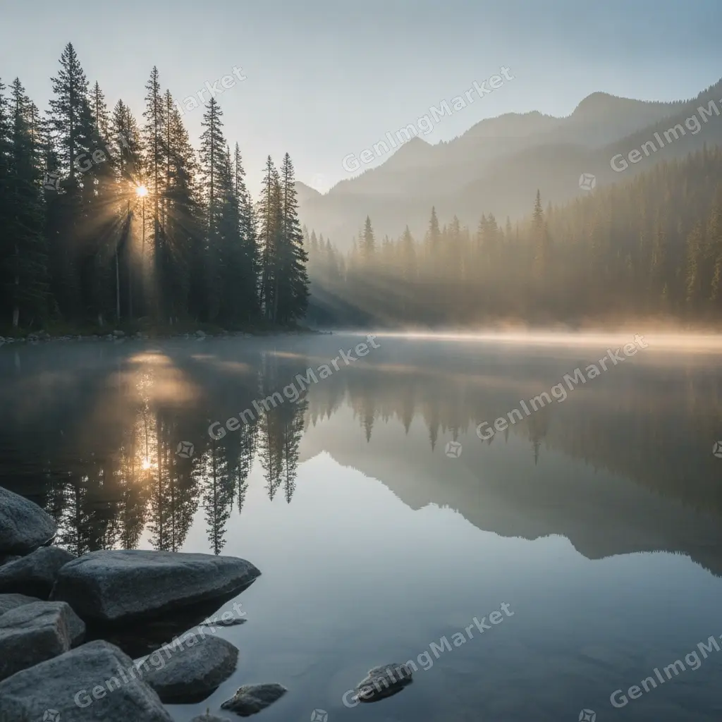Alpine lake at sunrise, quiet water