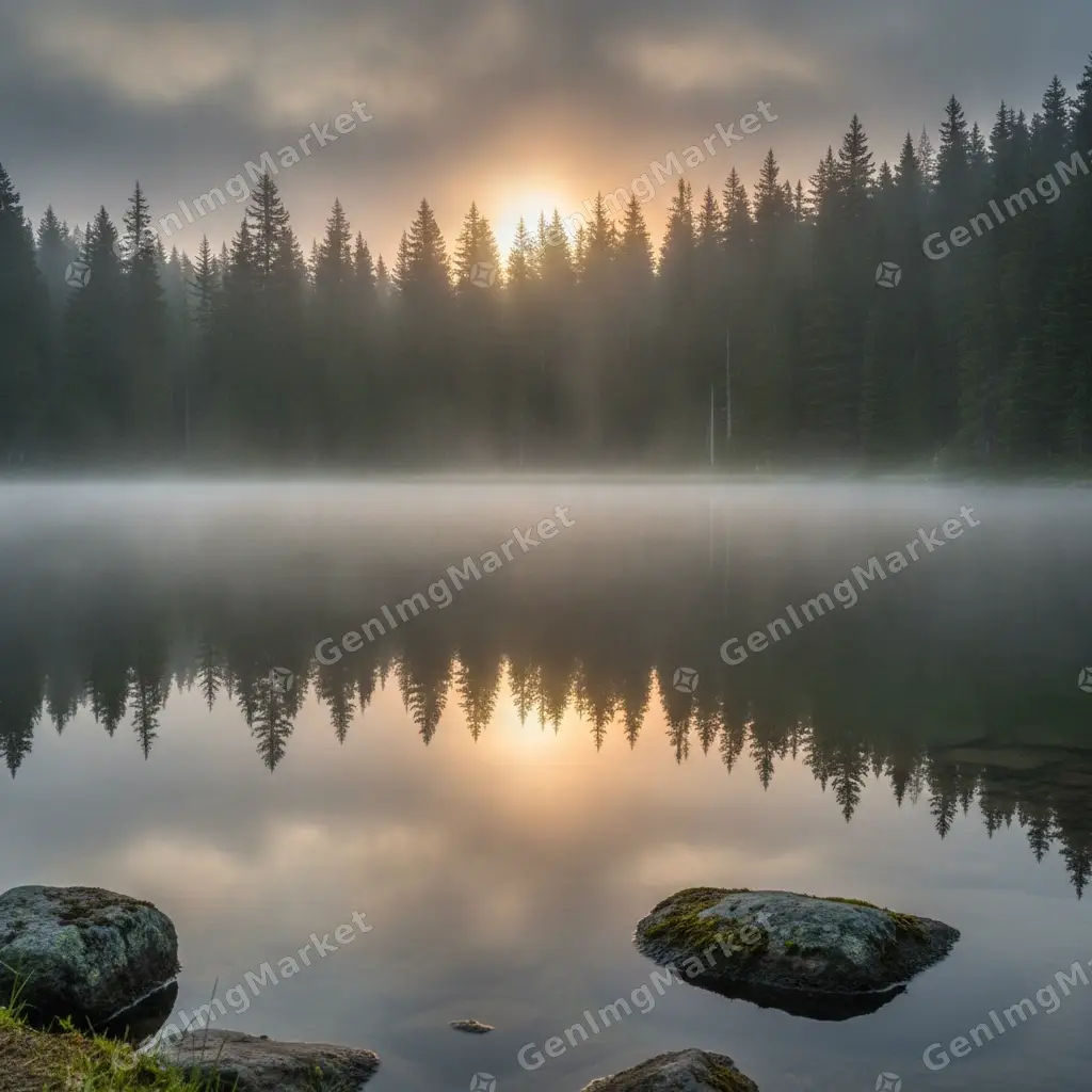 Calm alpine morning — still water, pine reflections, first light.