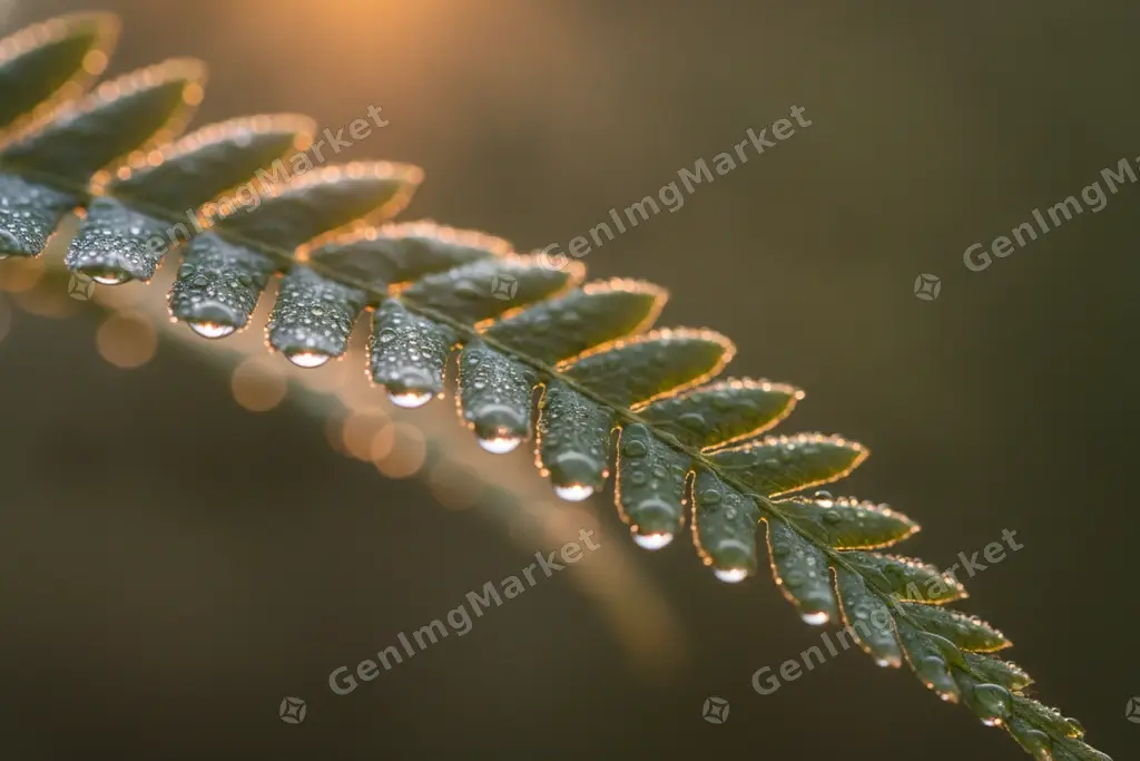 Macro photograph of morning dew on a fern frond.
