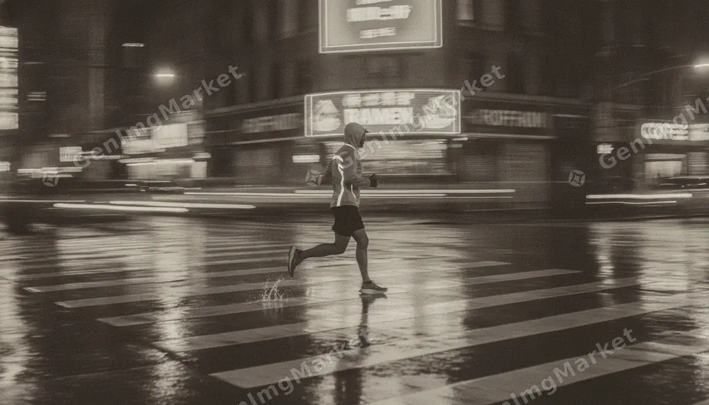 Street photograph of a runner crossing a wet night intersection.