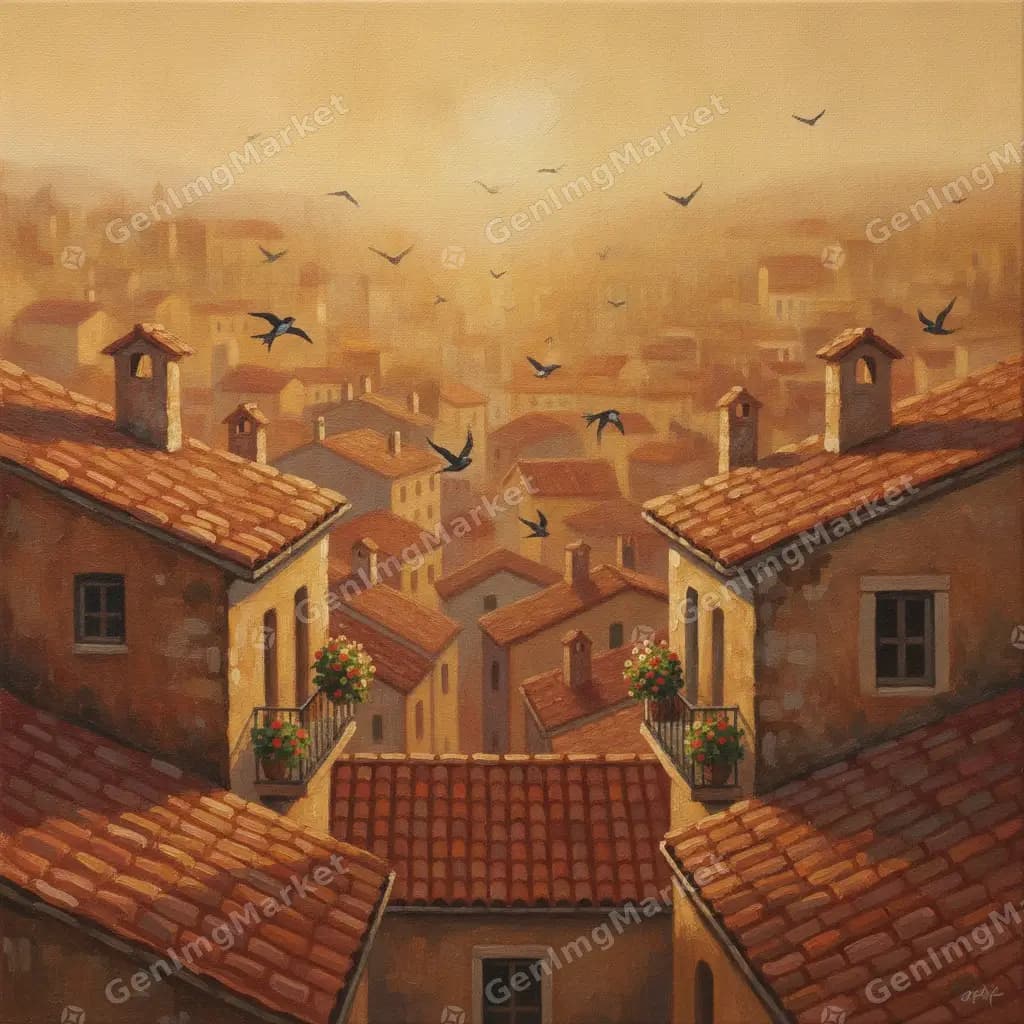 Gouache painting of old rooftops in warm evening light.